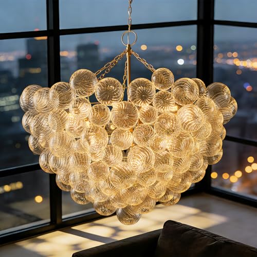 Extra Large 52" Gold Bubble Chandelier, 21-Light Globe Pendant with Hand Blown Swirled Glass Balls, Luxury Mid Century Modern Dining Room Chandelier, Kitchen Island, Foyer Ceiling Fixture with E12