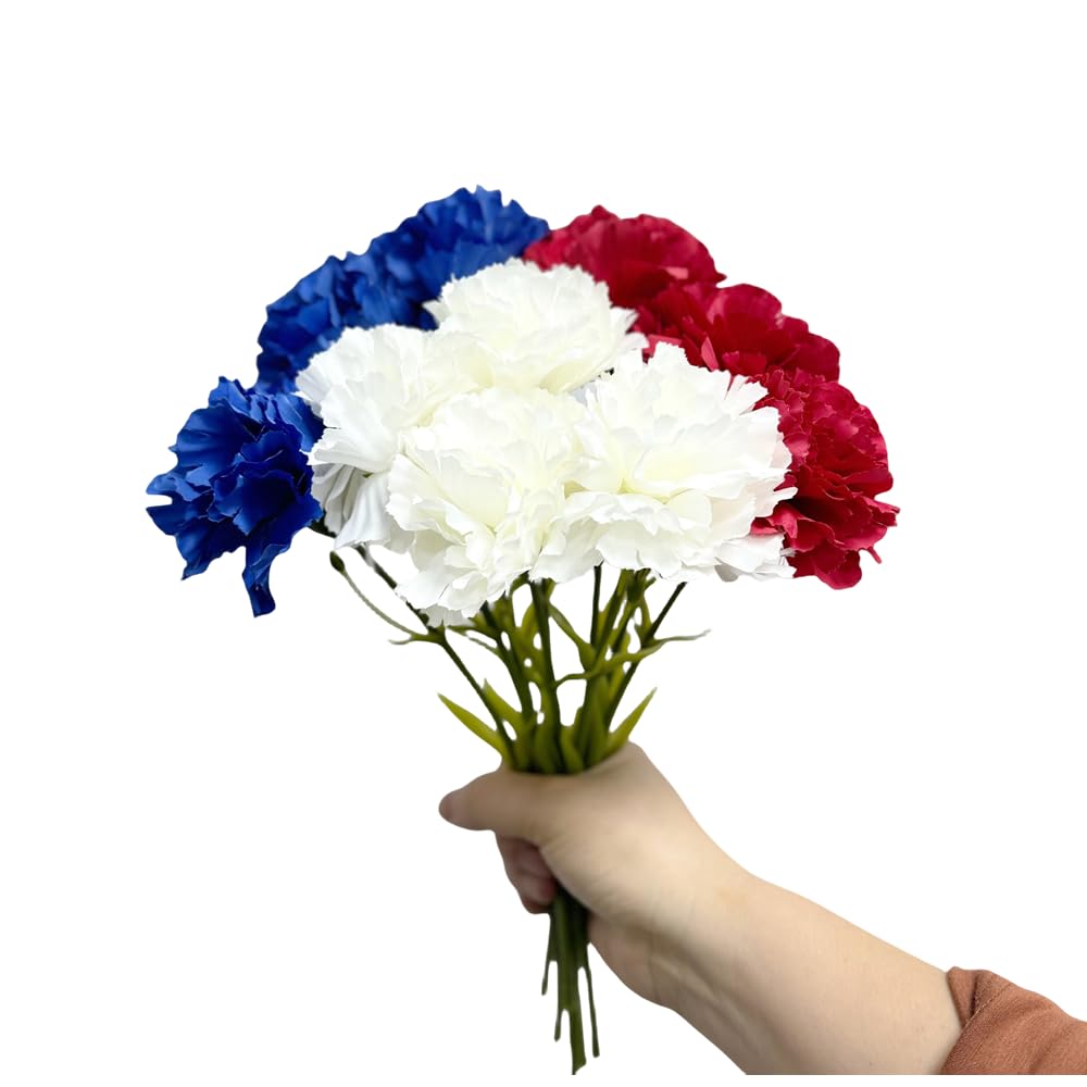 Rikyo Red White Blue 11 Inch Bouquets 10 Stem Carnations,Outdoor Uv Resistant No Fade Artificial Flower,Mini Carnation Silk Petals Fake Flowers Forever Plants For Photo Props Home Party And Wedding Decor (Red White Blue)