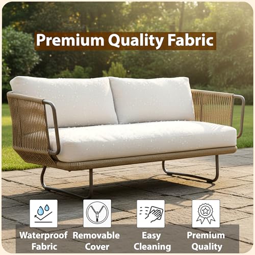 Image of Amazon Brand - Solimo Harbor Outdoor Rope Sofa Set | Balcony Sofa | Patio Conversation Sets | Braided Rope Garden Sofa Set and Ottoman (5 Seater- Beige & White)