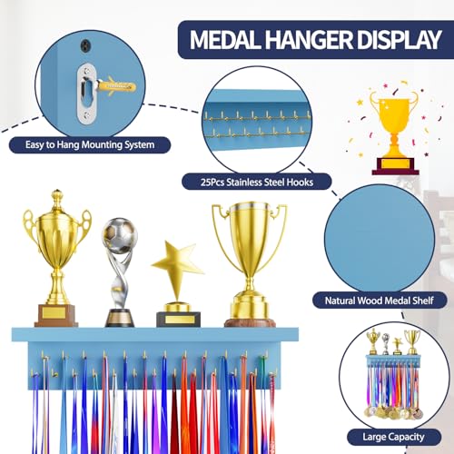 Image of Medal Holder Display Trophy Shelf Organizer, Sturdy Wooden Race Award Hanger Rack with 25 Steel Hooks, Wall Mount Storage Stand for Sports Fans, Cheer Success