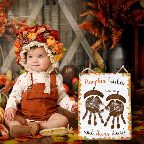 Image of Pumpkin Wishes and Acorn Kisses Fall DIY Crafts for Kids, Fall Preschool Arts Sign Crafts Homeschool Daycare Activities for Autumn, Thanksgiving Halloween Baby Handprint Keepsake Acorns Handprints