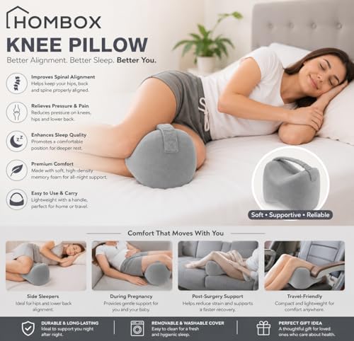 Image of HOMBOX Memory Foam Knee Pillow for Sleeping, Side Sleeper, Sciatica Pain Relief, Knee Joints, Pregnancy, HIPS and Legs Pain, Leg Cushion with Washable Cover, Grey Pack of 1