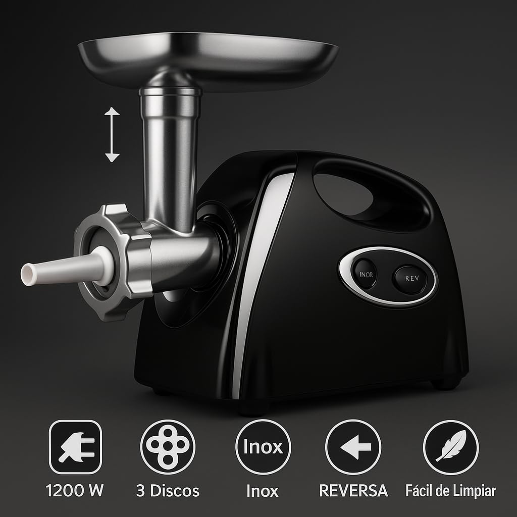 MAXELLPOWER Picadora de Carne 1200W Profesional con 3 Discos de Corte, Cuchillas Inox, Función Reversa, Accesorios para Salchichas, Bandeja Metálica Extraíble, Cabezal Desmontable, (NEGRO)