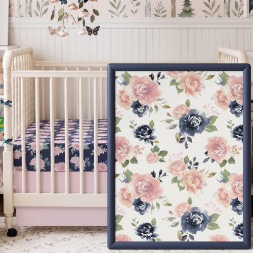 Image of Hahafelt 3 Pcs Pink Floral Baby Crib Bedding Set Navy Blue Elegant Botanical Decor for Infant Bed with Flowers Print Includes Quilt, Fitted Sheet, Skirt for Baby Girl Gifts