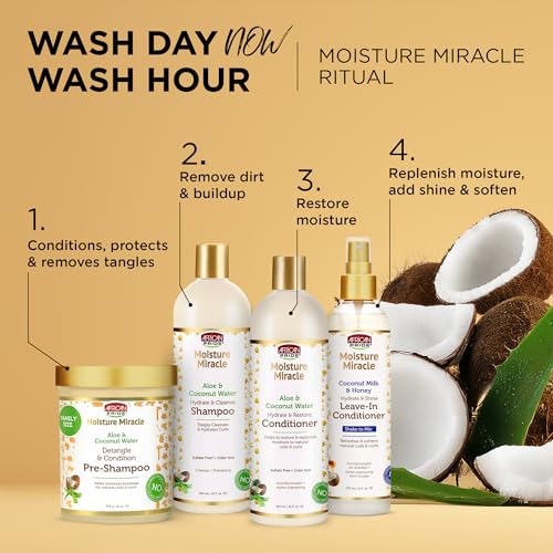 African Pride Moisture Miracle Pre-Shampoo Hair Detangler with Aloe & Coconut Water | Minimizes Breakage, Hydrates & Strengthens | Pre-Poo Treatment for Natural Coils & Curls | 18 oz.