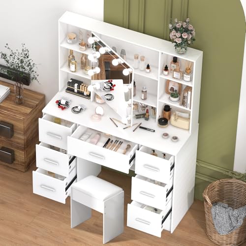 Catálogo para Comprar On-line Tocador Walmart para comprar hoy. 49 Umeiga Tocador con Espejo y Luces LED, Mesa de Maquillaje Grande con Cajones y Silla, Diseño Blanco para Dormitorio, Ideal para Mujeres y Adolescentes