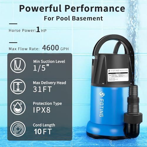 FOTING 1 HP 4600 GPH Sump Pump, Thermoplastic Portable Submersible Water Pump for Swimming Pool Garden Pond Basement Window Wells with 10FT Power Cord - 1