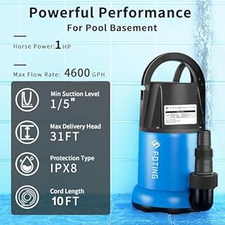 FOTING Sump Pump 1 HP 4600 GPH Clean/Dirty Submersible Water Pump, Thermoplastic Portable Utility Pump for Swimming Pool Garden Pond Basement Window Wells with 10FT Long Power Cord,Blue
