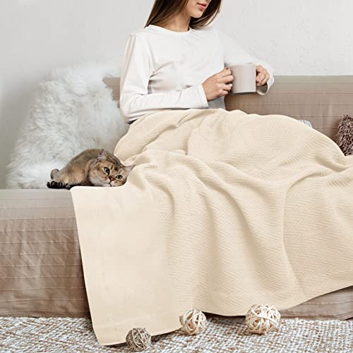 Organic GOTS Certified Cotton Blanket, Twin/Twin XL - 350 GSM, Antistatic, Fuzzy Soft, Lightweight, Sofa, Camping & Travel, All-Season Herringbone Throw, Ivory/Cream + Stylish Bonus Tote Bag