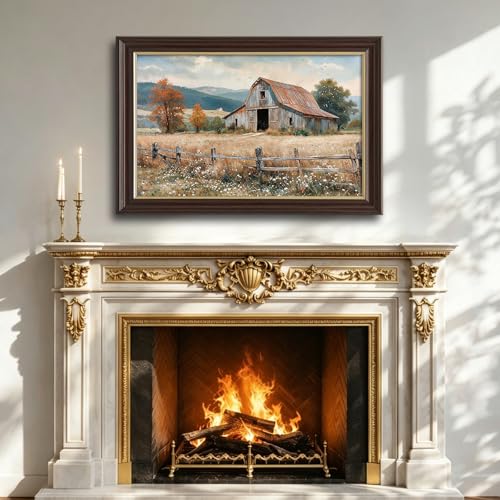 Image of Framed Vintage Farmhouse Canvas Art, Rustic Old Barn Autumn Landscape Canvas Prints Pictures, Countryside Wildflower Wall Decor for Living Room Bedroom Farmhouse Home Aesthetic