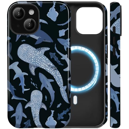Coque iPhone 14 Plus MagSafe requin baleine hybride double couche antichoc bleue