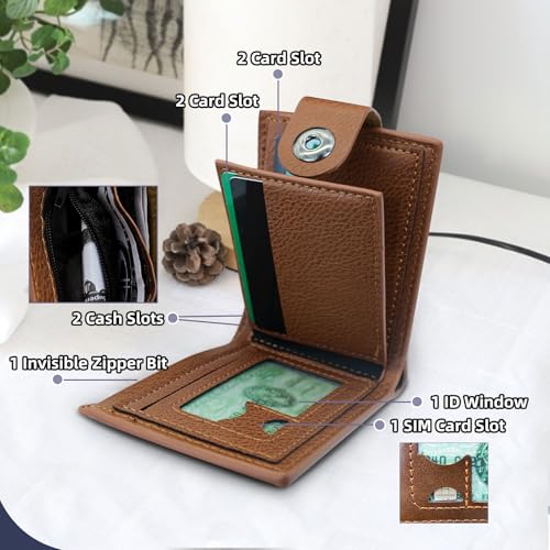 Men's Wallet, Bifold Wallets for Men with 4 Card Slots, Zippered Coin Pocket and 1 ID Card Window, PU Leather Wallets for Men with Zippered Cash Slot (Black)3