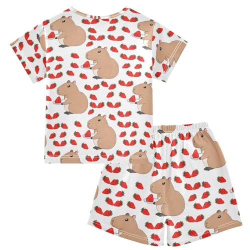 Capybara with Strawberry Summer Cute Pajama Sets, Short Sets for Sleep Wears2