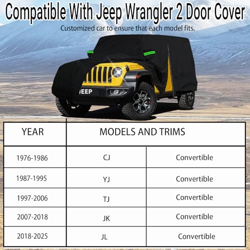 Image of Car Cover Fit for Jeep Wrangler 2 Door Custom Fit 1987-2025 JK JL CJ YJ TJ | Heavy Duty, Waterproof, All Weather Outdoor Car Cover with Door Zipper for Sun, Rain, Dust, Snow & UV Protection