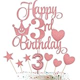 3rd Birthday Cake Decorations Set Include 3rd Birthday Candle Numeral 3 Cake Candles and Happy 3rd Birthday Cake Toppers with Heart Star Cupcake Picks for Birthday Party (Rose Gold Series)