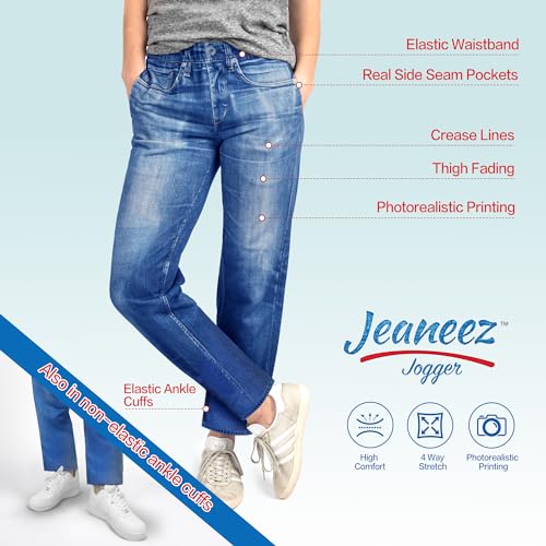 Jeaneez French Terry Jogger Jeans Pants for Women | Pull-On Elastic Waist Jeans, Stylish and Comfortable Denim