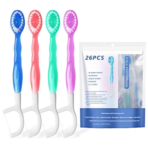 26 mini spazzolini da viaggio, 5 in 1, spazzolino da denti e filo interdentale, spazzolini da denti con dentifricio, mini pennelli da viaggio, raschietto per lingua (confezione mista)