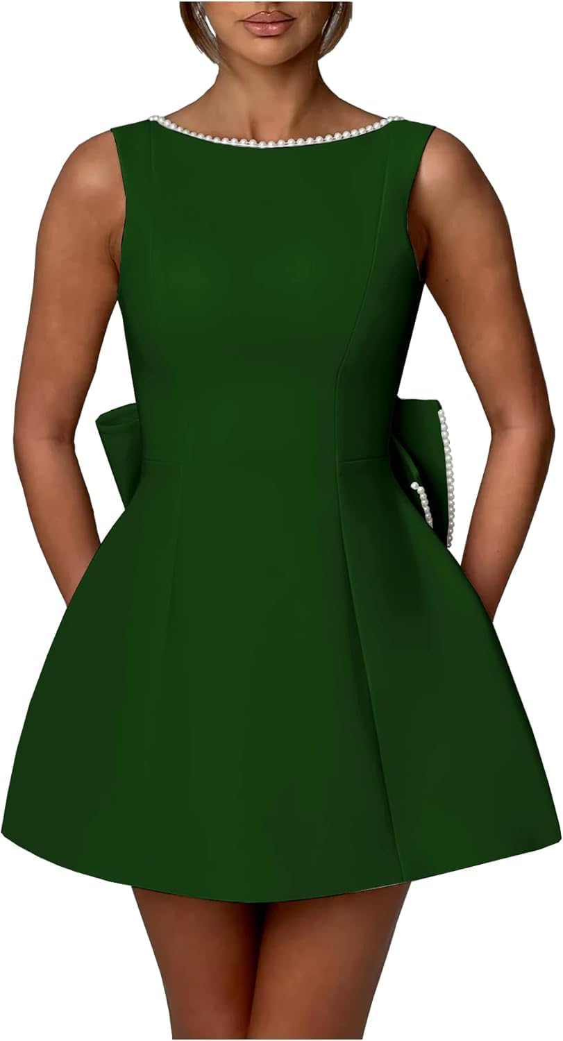 Satin Short Homecoming Dresses for Teens Pearls Backless Bridal Gown A-line Mini Cocktail Evening Gown with Bow