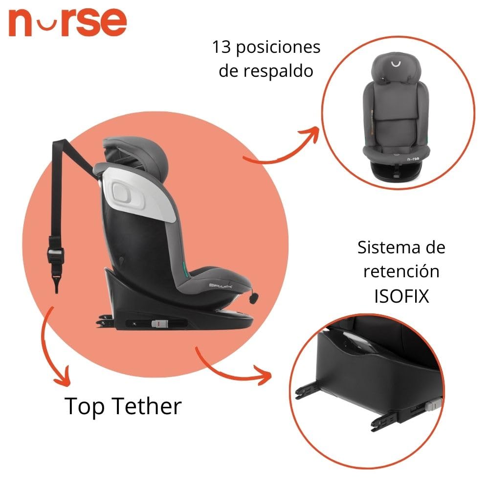 Nurse Spark, Silla Coche Bebé iSize, 40 a 150 cm, de 0 a 12 Años, Isofix, Top Tether, Giratoria 360, Posición de Carga, 13 Posiciones, Color Gris Storm, Spark i-Size
