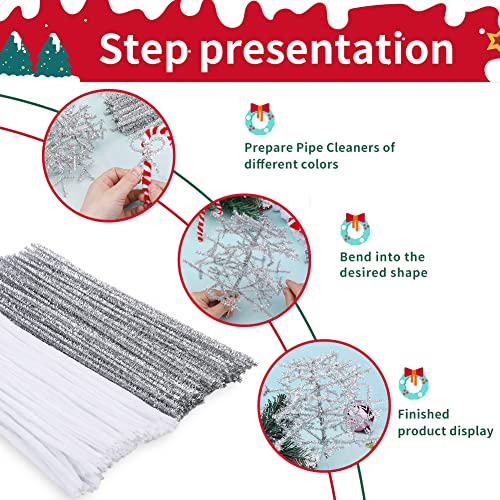 Image of 200PCS Pipe Cleaners, White + Glitter Silver Pipe Cleaners Craft | Pipe Cleaners Chenille Stem Set, 100PCS White +100PCS Silver Fuzzy Sticks Pipe Cleaners Bulk for Arts and Crafts