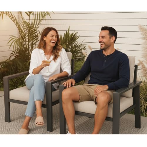 Image of Outdoor Sofa Chair Aluminum Patio Couch Set of 2 All-Weather Patio Sofa Armchair Furniture Set Chairs with Beige Cushions