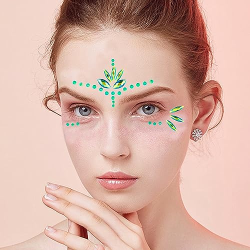 Grüne Gesichts Edelsteine - Festival Strass Aufkleber für Frauen, selbstklebende Augenjuwelen für Rave, Meerjungfrau, Halloween, EDC, Party Make-up (Grün)