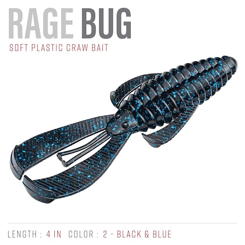 Strike King Rage Bug Fishing Lure, Soft Plastic Craw, Black and Blue, 4-Inches, 7-Pack