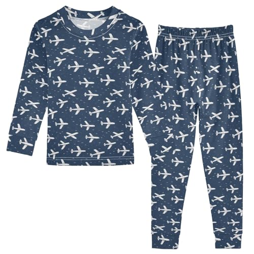 White Airplane Pattern Cute Pajama Sets Long Sleeve Top and Pants, Snug Fit Sleepwear for Night Wears