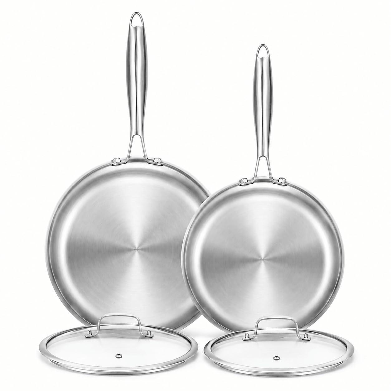 Uncoated Professional Tri-Ply Stainless Steel Frying Pan Set with Lids, 2 Piece (20/28cm), All Stove Compatible Including Induction Hob, Fast Heating & Heat Retention, Energy Efficient