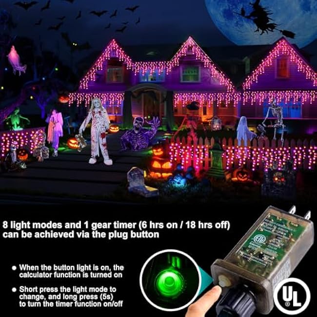 Hezbjiti 400LED Icicle Lights - 32.8FT Purple & Orange Fairy Lights for Eaves, Party, Yard & Garden - 8 Modes, 75 Drops, Outdoor Halloween Decor