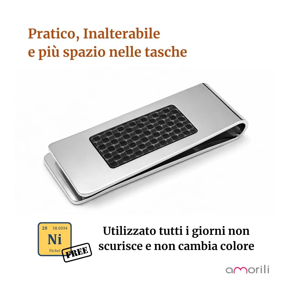 Fermasoldi Uomo in Acciaio Inox con Fibra di Carbonio – Accessorio Moderno ed Elegante – Clip Ferma Banconote a Molla per Soldi – Idea Regalo Uomo fsl027