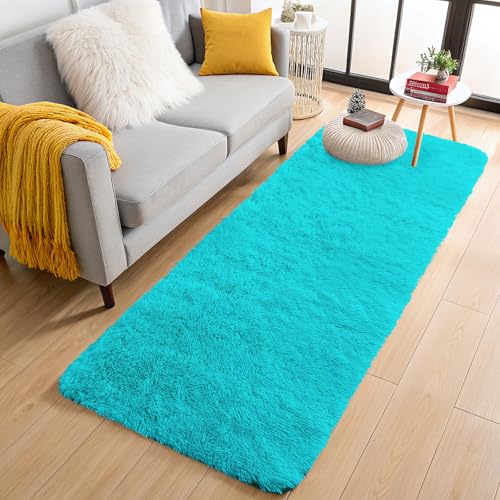 OLANLY 2x5 Machine Washable Runner Rugs for Hallway, Soft Fluffy Shaggy Bedside Rugs for Bedroom, Living Room, Indoor Floor Carpet for Kids Girls Boys, Nursery Rooms, Home Decor Aesthetic, Teal Blue
