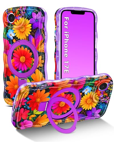 Meshine for iPhone 17e Case/iPhone 16e Case with Magnetic Stand,[Compatible with MagSafe] Wave Frame Cute Flower Design Shockproof Drop Protective Women Girls Cover for iPhone 17e,All Purple Flower - image 1