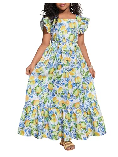 Girl's Lemon Floral Maxi Dresses Bow Back Ruffle Cap Sleeve Boho Flowy Summer Dresses
