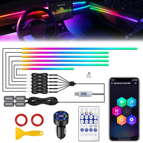 Dreamcolor Acrylic Interior Car LED Strip Light with USB/Type C/4-Port Cigarette Lighter, RGB 10 in 1 with 179.2 inches 650 LEDs Ambient Lighting Kits, Sound Active Function Neon Led Strips for Car