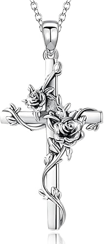 Cross necklace 925 Sterling Silver Rose Crose Pendant Necklace Cross Necklace for Women (A-Rose Cross Necklace)