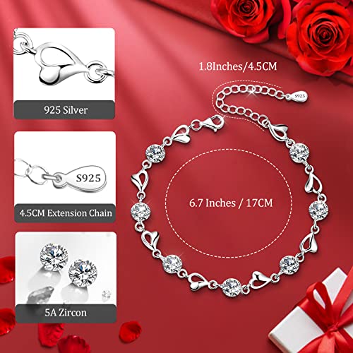 Ahokei Silver Bracelet for Women 925 Silver Bracelets for Womens,Silver Heart Bracelet Crystal Sterling Silver Jewellery,Sterling Silver Bracelet for Women,Ladies Bracelets,Gifts for Women Girls - Image 3