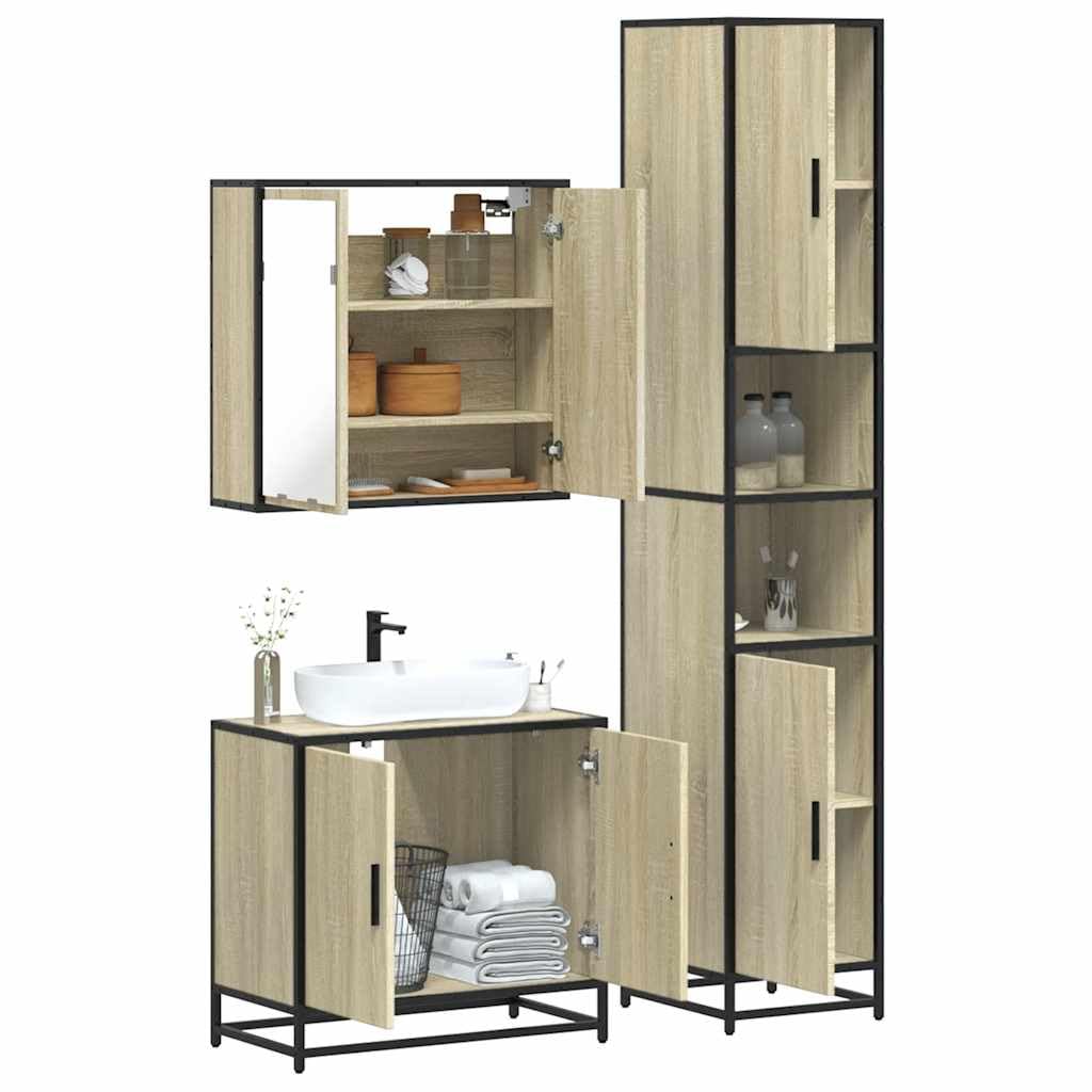 Juego de 3 piezas de baño de roble Sonoma, 65 x 60 cm, material de madera con marco de metal, diseño moderno, amplio espacio de almacenamiento, robusto y duradero, para baño, invitados