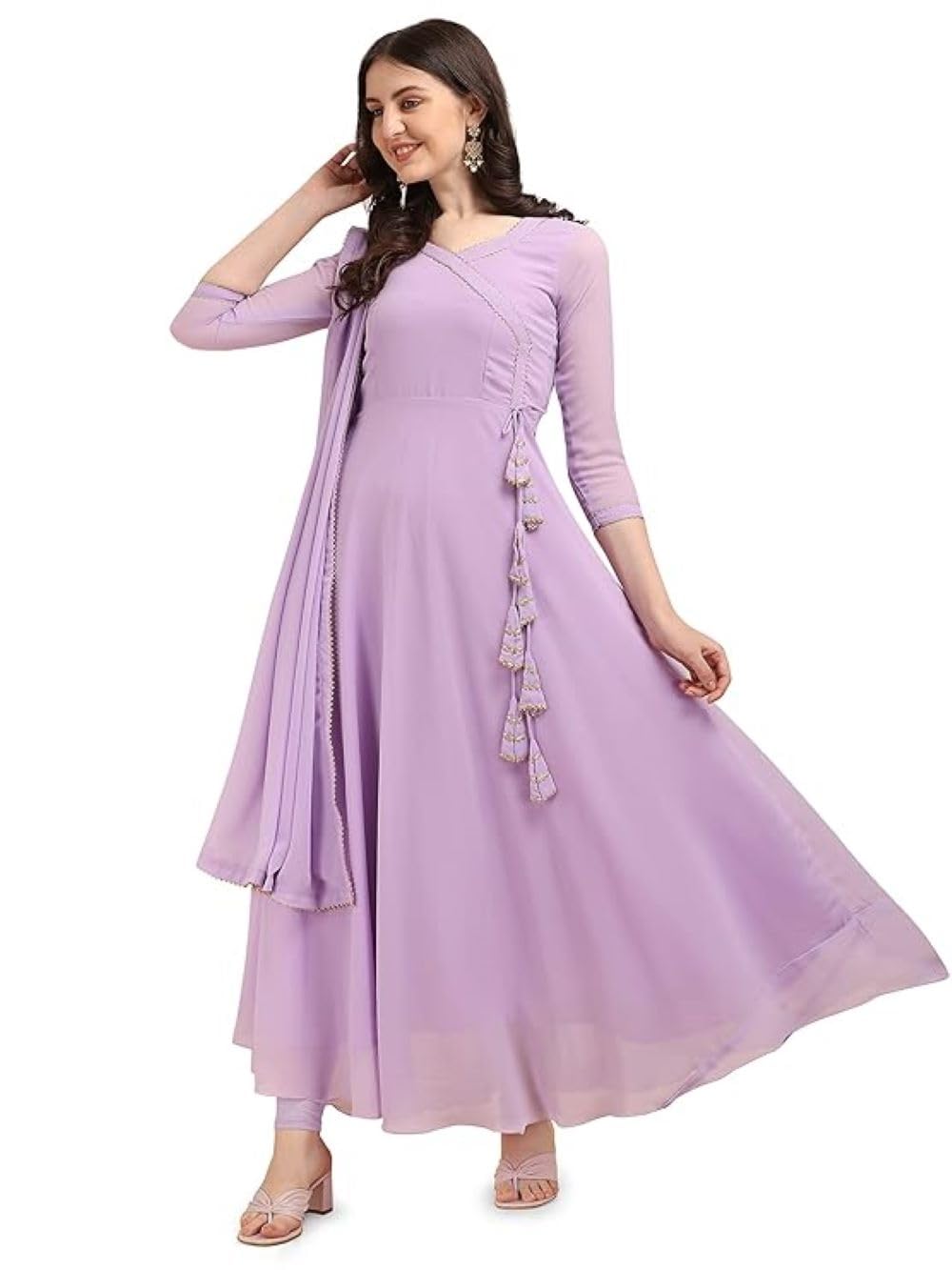 Estationeryhouse Women's Georgette Anarkali Kurta Kurti with Dupatta (Bottoms not included) (Large, Lilac)