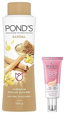 POND'S Sandal Radiance Talcum Powder, Natural Sunscreen, 300 g & PONDS BB+ CREAM ivory instant spot coverage + light mak