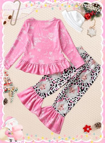 Image of Toddler Little Girl Christmas Outfit - Pink Santa Claus Clothes Long Sleeve Ruffle Top Leopard Print Flare Pant Set