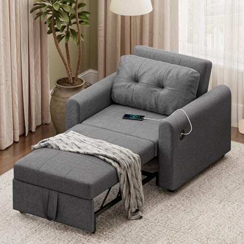 Luxstein 3-in-1 Schlafsessel Sofa Bett mit USB und Typ-C, Klappbares Einzelsofa mit weichem Kissen, Aufbewahrungstaschen und Verstellbarer Rückenlehne, Leinenstoff Sofa Bed Chair 84 * 190cm, Grau