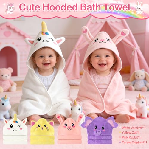 Image of OFUSUY 12 PCS Baby Bath Towels for Infants Toddlers, 4 PCS Animal Hooded Baby Towels & 8 PCS Washcloths Set, Soft & Ultra Absorbent Newborn Bath Cute Essential Gifts for Boys & Girls