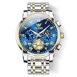 OLEVS Men's Wrist Watches Two Tone Stainless Steel Quartz Watch Diamond Chronograph Moon Phase Gold Blue Black Dial Male Watch Waterproof Luminous