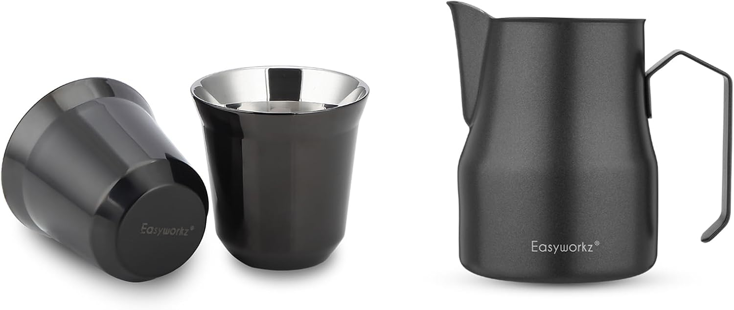 Easyworkz Stainless Steel Espresso Cup 2pcs Set Double Wall 5 oz, Bundled Espresso Steaming Pitcher Stainless Steel 15 oz Coffee Frothing Picther Milk Jug Cappuccino Latte Art Cup