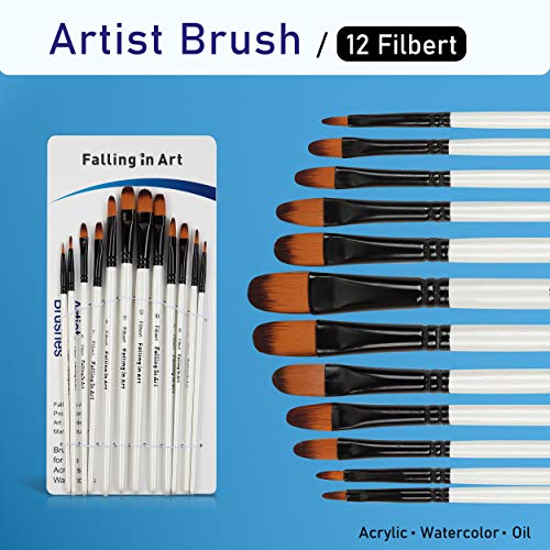 Falling In Art Paint Brushes Set, 12 Pcs Nylon Professional Filbert Paint Brushes For Watercolor, Oil Painting, Acrylic, Face Body Nail Art, Crafts, Rock Painting #TOP6