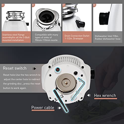 Trifecte Pro 3/4 HP Garbage Disposals with Sound Reduction,Food Waste Coutinuous Feed Garbage Disposal with Power Cord, Dishwasher Hook Up,3800RPM,White