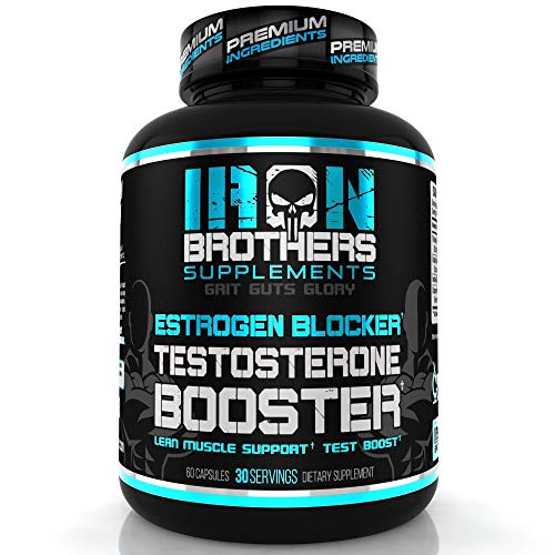 Iron Brothers Supplements Testosterone Booster for Men with Estrogen Blocker – Anti-Estrogen Dietary Supplements – Grape Seed & Tribulus Terrestris – Pack of 60 Capsules – Muscle Growth Boost – 30 day