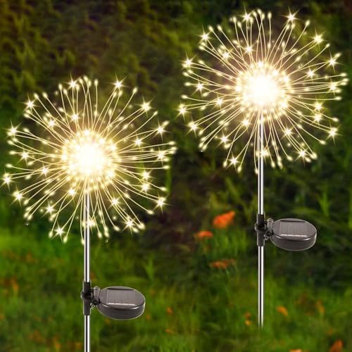 2 Stück Solarstecker Gartenleuchten, 150 LEDs Solar Gartenleuchten Außen 8 Modi Feuerwerk Pusteblume Solarlampen für Hof Landschaft Rasen Hinterhof...