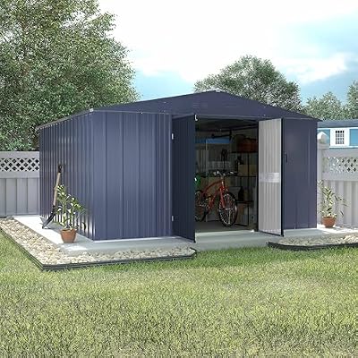VEIKOU 10' x 12' Storage Shed, Outdoor Shed with Thickened Galvanized Steel, Lockable Doors, Air Vents, Outdoor Storage Shed for Lawn Patio Backyard, Grey